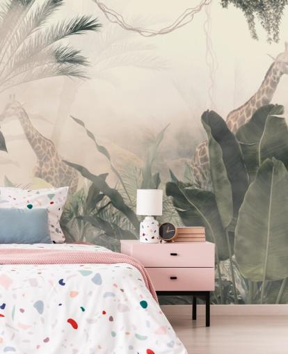 Muted green jungle trees and palm trees with a light cream haze with giraffes wallpaper