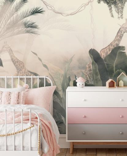 Muted green jungle trees and palm trees with a light cream haze with giraffes wallpaper