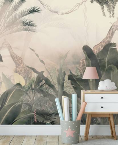 Muted green jungle trees and palm trees with a light cream haze with giraffes wallpaper Muted green jungle trees and palm trees with a light cream haze with giraffes wallpaper