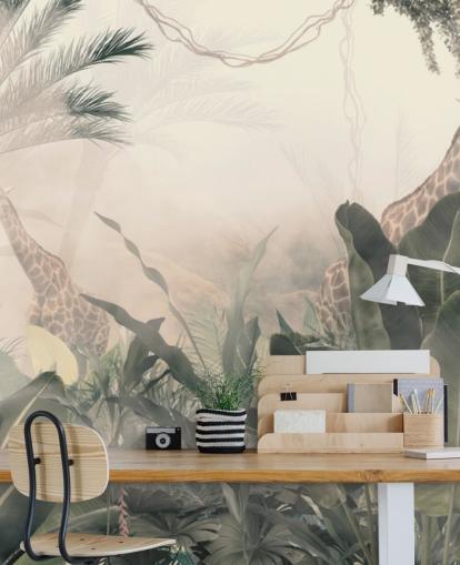 Palme e alberi della giungla verde tenui con una leggera foschia color crema con giraffe