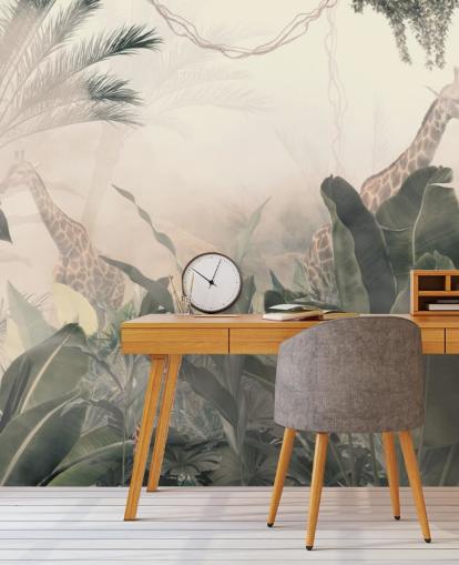 Muted green jungle trees and palm trees with a light cream haze with giraffes wallpaper