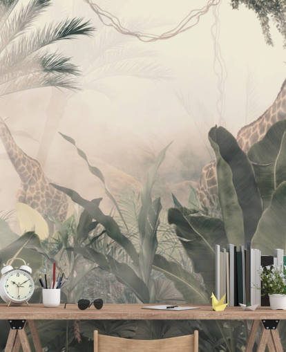 Palme e alberi della giungla verde tenui con una leggera foschia color crema con giraffe Palme e alberi della giungla verde tenui con una leggera foschia color crema con giraffe