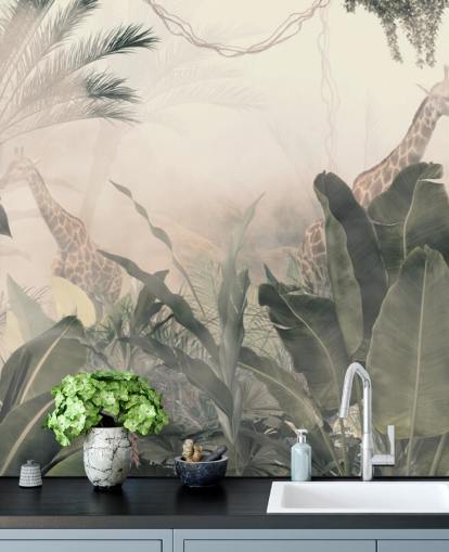 Muted green jungle trees and palm trees with a light cream haze with giraffes wallpaper Muted green jungle trees and palm trees with a light cream haze with giraffes wallpaper