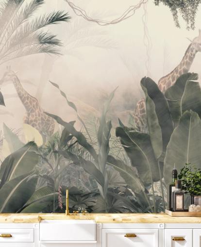 Muted green jungle trees and palm trees with a light cream haze with giraffes wallpaper