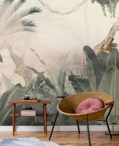 Muted green jungle trees and palm trees with a light cream haze with giraffes wallpaper
