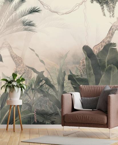 Palme e alberi della giungla verde tenui con una leggera foschia color crema con giraffe