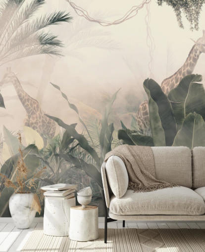 Muted green jungle trees and palm trees with a light cream haze with giraffes wallpaper Muted green jungle trees and palm trees with a light cream haze with giraffes wallpaper