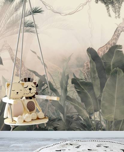 Muted green jungle trees and palm trees with a light cream haze with giraffes wallpaper