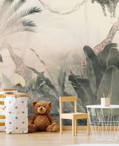 Muted green jungle trees and palm trees with a light cream haze with giraffes wallpaper