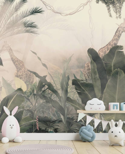Muted green jungle trees and palm trees with a light cream haze with giraffes wallpaper Muted green jungle trees and palm trees with a light cream haze with giraffes wallpaper