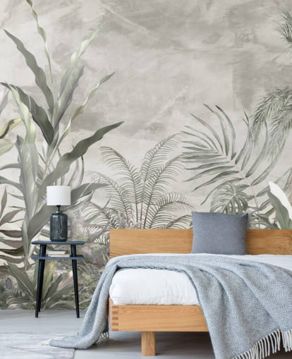 Green and grey jungle leaves and branches on a misty wallpaper