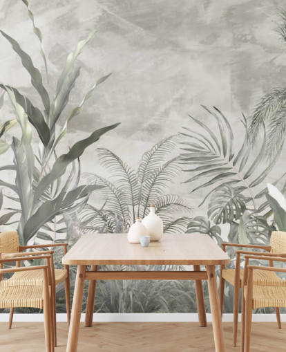 Grüne und graue Dschungelblätter und Zweige auf einer nebligen Tapete