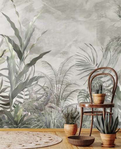 Grøn og grå jungle blade og grene på en tåget tapet