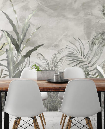 Green and gray jungle leaves and branches on a misty wallpaper