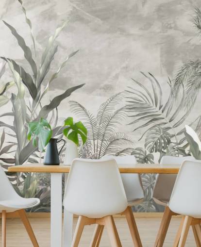 Green and grey jungle leaves and branches on a misty wallpaper