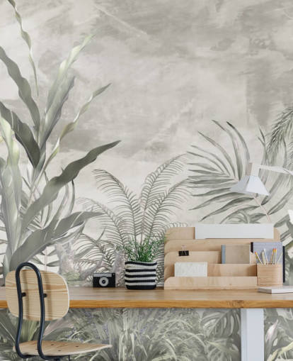 Green and grey jungle leaves and branches on a misty wallpaper