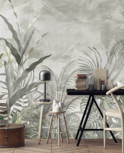 Green and grey jungle leaves and branches on a misty wallpaper