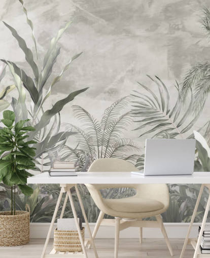 Green and grey jungle leaves and branches on a misty wallpaper