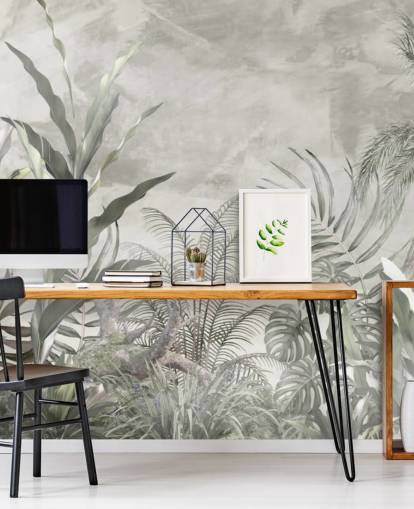 Grøn og grå jungle blade og grene på en tåget tapet