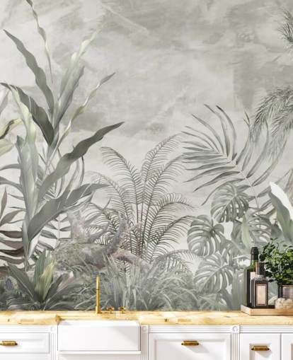 Folhas e galhos verdes e cinzentos da selva em um papel de parede enevoado