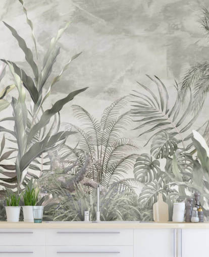 Folhas e galhos verdes e cinzentos da selva em um papel de parede enevoado