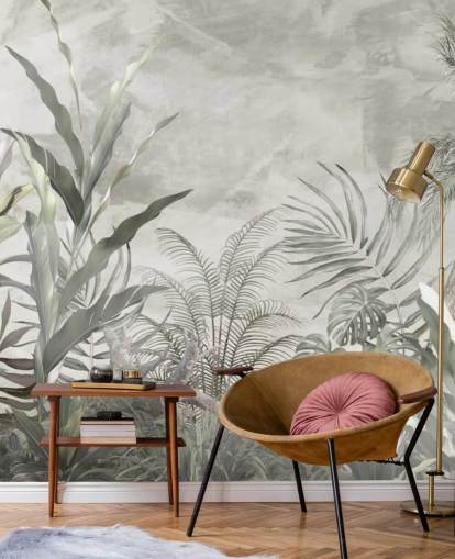 Foglie e rami della giungla verdi e grigi su una carta da parati nebbiosa