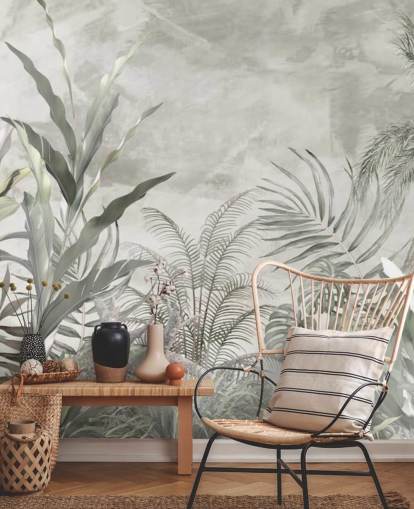 Gröna och grå djungelblad och grenar på en dimmig tapet