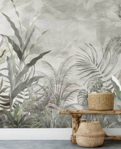 Folhas e galhos verdes e cinzentos da selva em um papel de parede enevoado