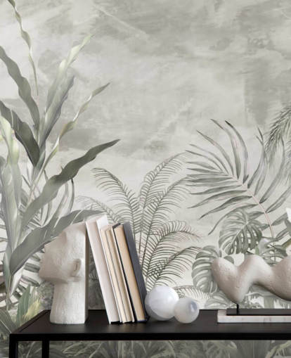 Folhas e galhos verdes e cinzentos da selva em um papel de parede enevoado