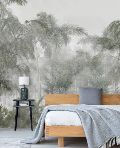 Grands arbres verts de la jungle et palmiers avec un papier peint à la brume douce