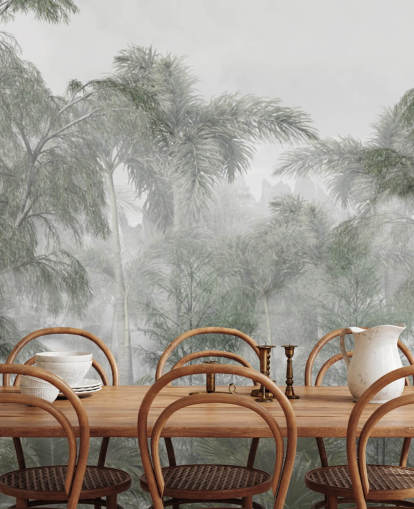 Tall green jungle trees and palm trees with a soft haze wallpaper