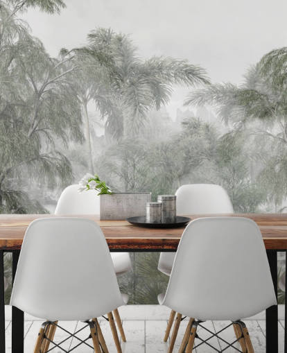 Papel pintado de altos árboles selváticos verdes y palmeras con una suave neblina