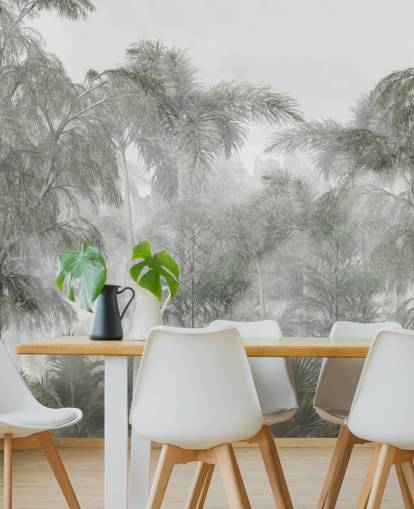 Hoge groene junglebomen en palmbomen met een zacht waasbehang