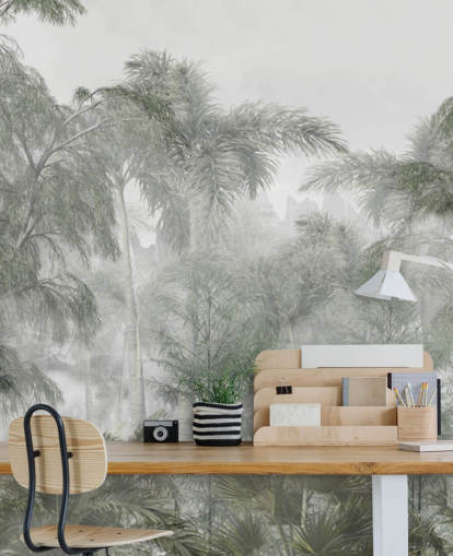 Tall green jungle trees and palm trees with a soft haze wallpaper