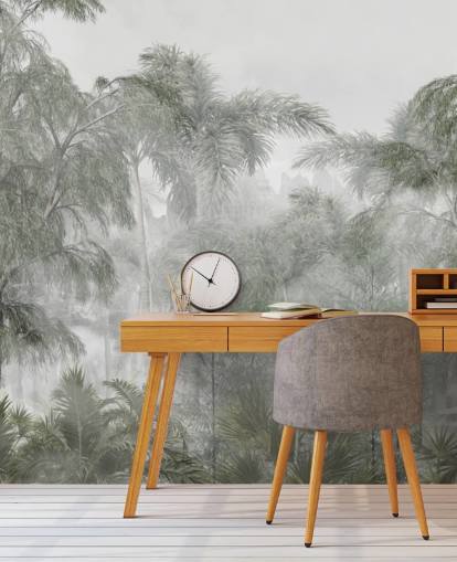 Hoge groene junglebomen en palmbomen met een zacht waasbehang