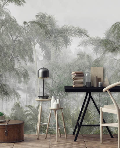 Papel pintado de altos árboles selváticos verdes y palmeras con una suave neblina