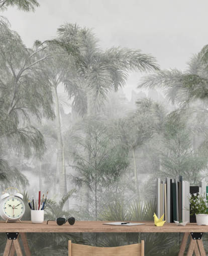 Tall green jungle trees and palm trees with a soft haze wallpaper
