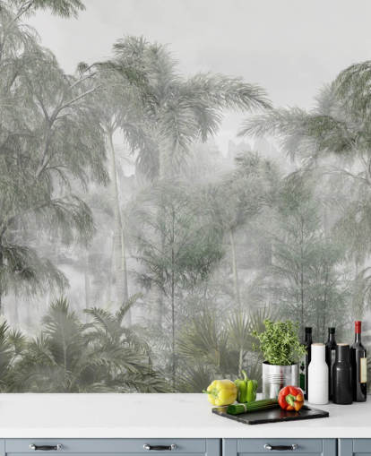 Tall green jungle trees and palm trees with a soft haze wallpaper