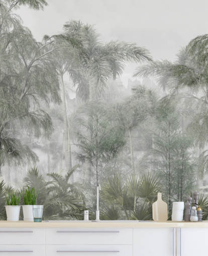 Tall green jungle trees and palm trees with a soft haze wallpaper