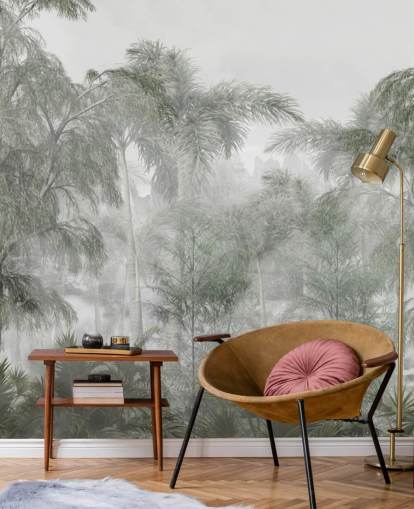 Tall green jungle trees and palm trees with a soft haze wallpaper