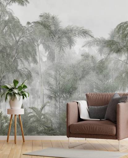 Tall green jungle trees and palm trees with a soft haze wallpaper