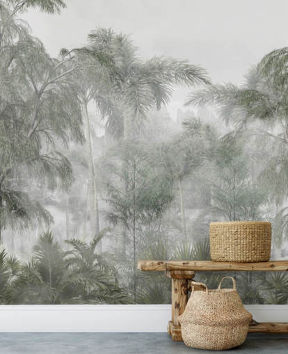 Hoge groene junglebomen en palmbomen met een zacht waasbehang