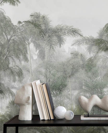 Grands arbres verts de la jungle et palmiers avec un papier peint à la brume douce