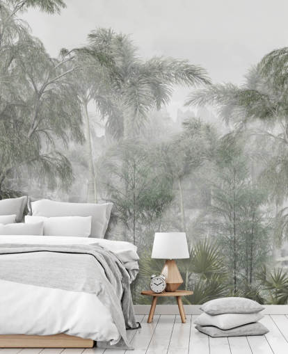 Tall green jungle trees and palm trees with a soft haze wallpaper