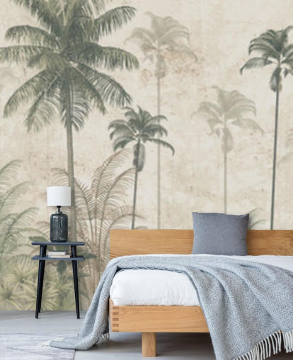 Panorama vintage jungle tapet med en beige diset baggrund og høje dæmpede grønne palmer Panorama vintage jungle tapet med en beige diset baggrund og høje dæmpede grønne palmer