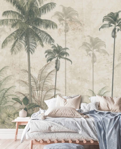 Panoramic vintage jungle wallpaper with a beige hazy background and tall muted green palm trees Panoramic vintage jungle wallpaper with a beige hazy background and tall muted green palm trees
