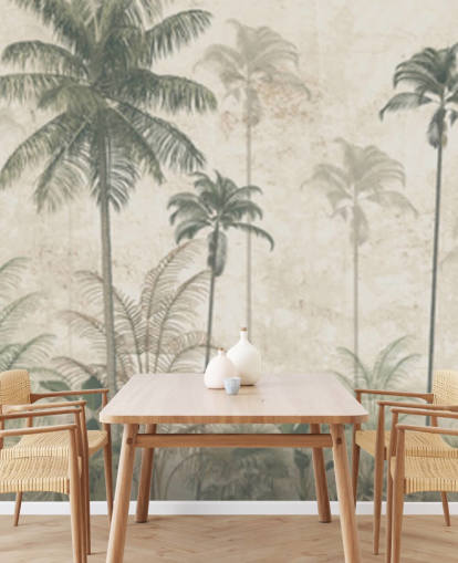 Panorama vintage djungel tapet med en beige disig bakgrund och höga dämpade gröna palmer