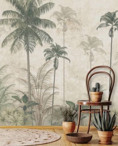 Panoramic vintage jungle wallpaper with a beige hazy background and tall muted green palm trees