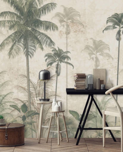 Panoramic vintage jungle wallpaper with a beige hazy background and tall muted green palm trees Panoramic vintage jungle wallpaper with a beige hazy background and tall muted green palm trees