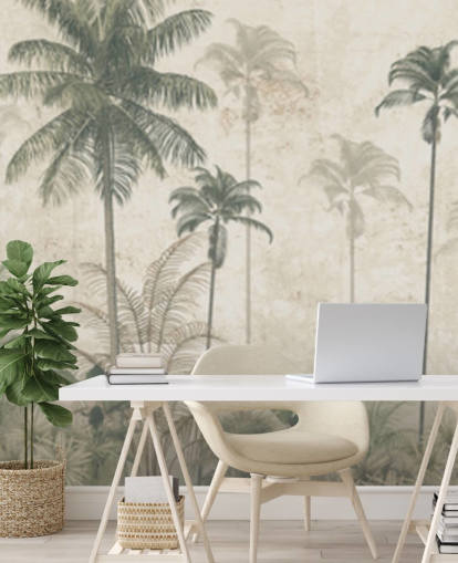 Panoramic vintage jungle wallpaper with a beige hazy background and tall muted green palm trees